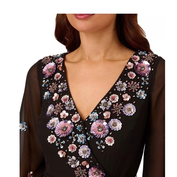 ADRIANNA PAPELL Black FLoral Embellished V-Neck Sequin Gown 8 NWT - Picture 8 of 8